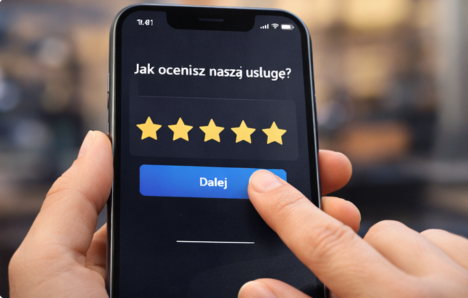 Telefon z ekranem oceny – Jak ocenisz naszą usługę? Gwiazdki i przycisk Dalej