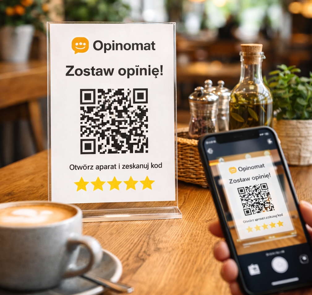 Stolik w kawiarni – stojak Opinomat z kodem QR, klient skanuje telefonem